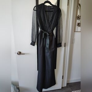 Chic Black Evening Sparkle Mesh-Sleeve Jumper Pants Suit Large